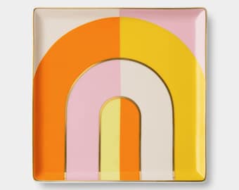 OCTAEVO Riviera Arch Ceramic Tray - Orange, Handcrafted Decorative Trinket Dish, Gold Glaze, Luxurious Gift Box, Made in Spain