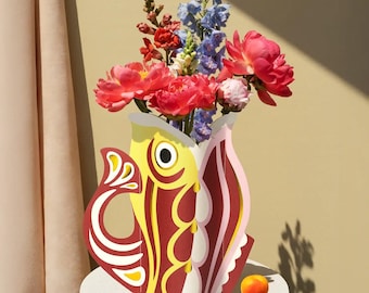 Octaevo Paper Vase Fish Ruby - Water-Resistant Paper, Eco-Friendly Handmade Decor with Metallic Foil, Made in Spain