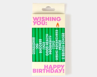 Wishing You: Birthday Candles - Green | Set of 10 with Different Wishes | 5" Tall | Birthday Cake Candles | Birthday Celebration Accessory