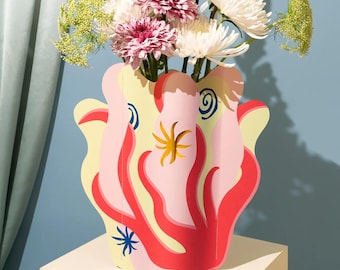 Octaevo Paper Vase Amalfi Red - Water-Resistant Paper, Eco-Friendly Handmade Decor with Metallic Foil, Made in Spain