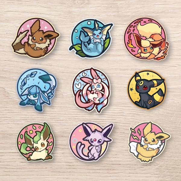 Eevee Pokemon Stickers  Set of 9 - Vaporeon Flareon Glaceon Sylveon Umbreon Leafeon Espeon Jolteon Pokemon Decals Pokemon Collectibles