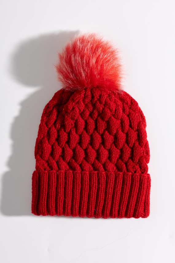 Handmade Red Cable Knit Wool Beanie, Pom Pom Hat - Etsy