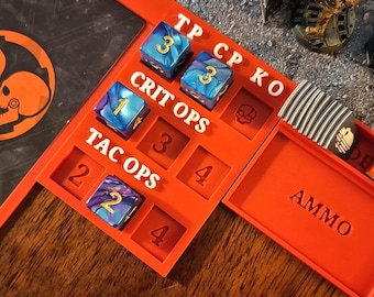 Rectangle. Kill Team 2024 Compatible Command Centre. Rectangle Score Tracker, token tray and operations card holder set. Dice based tracker.