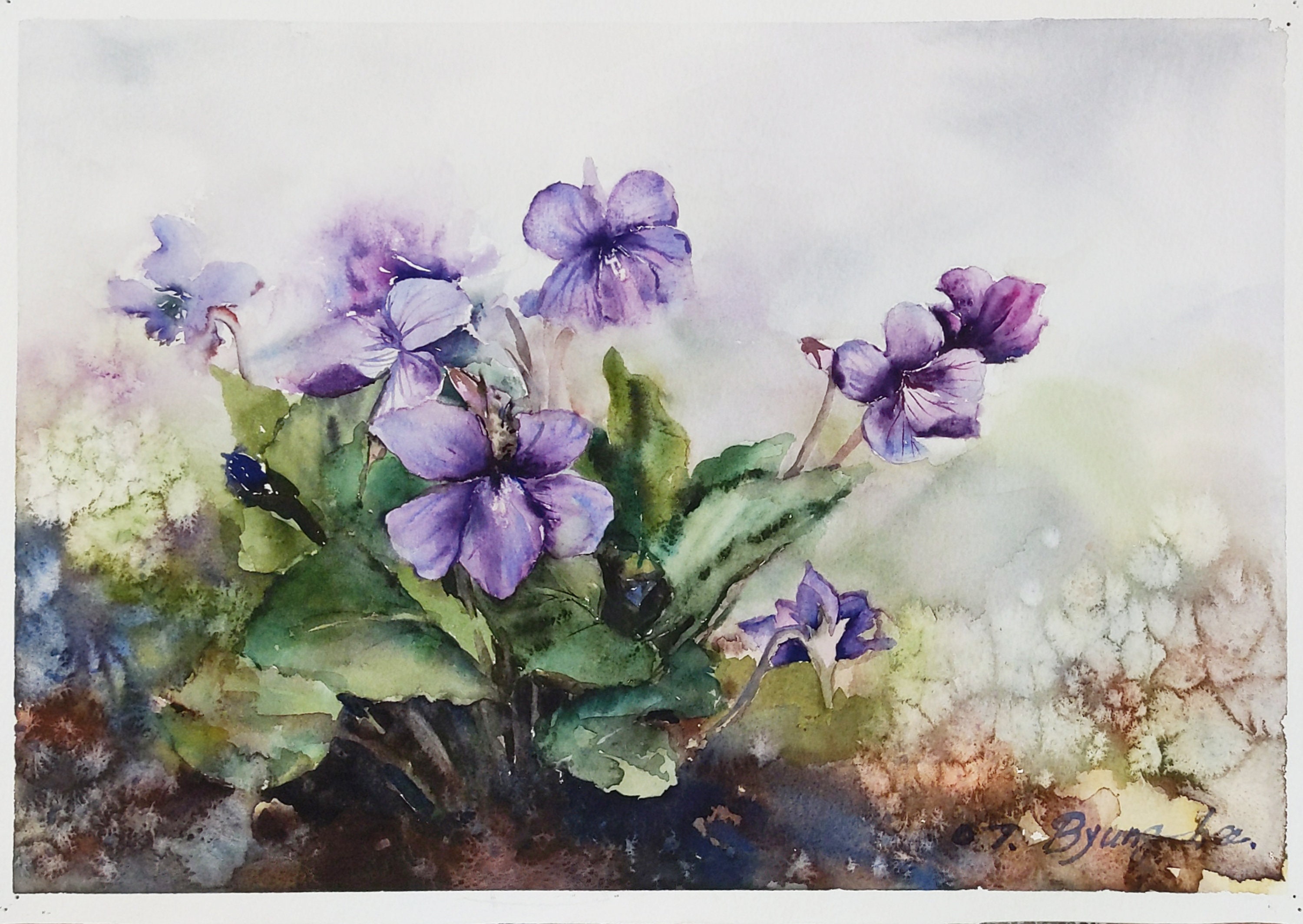 Purple Violet Original watercolor painting Flower Art. Etsy