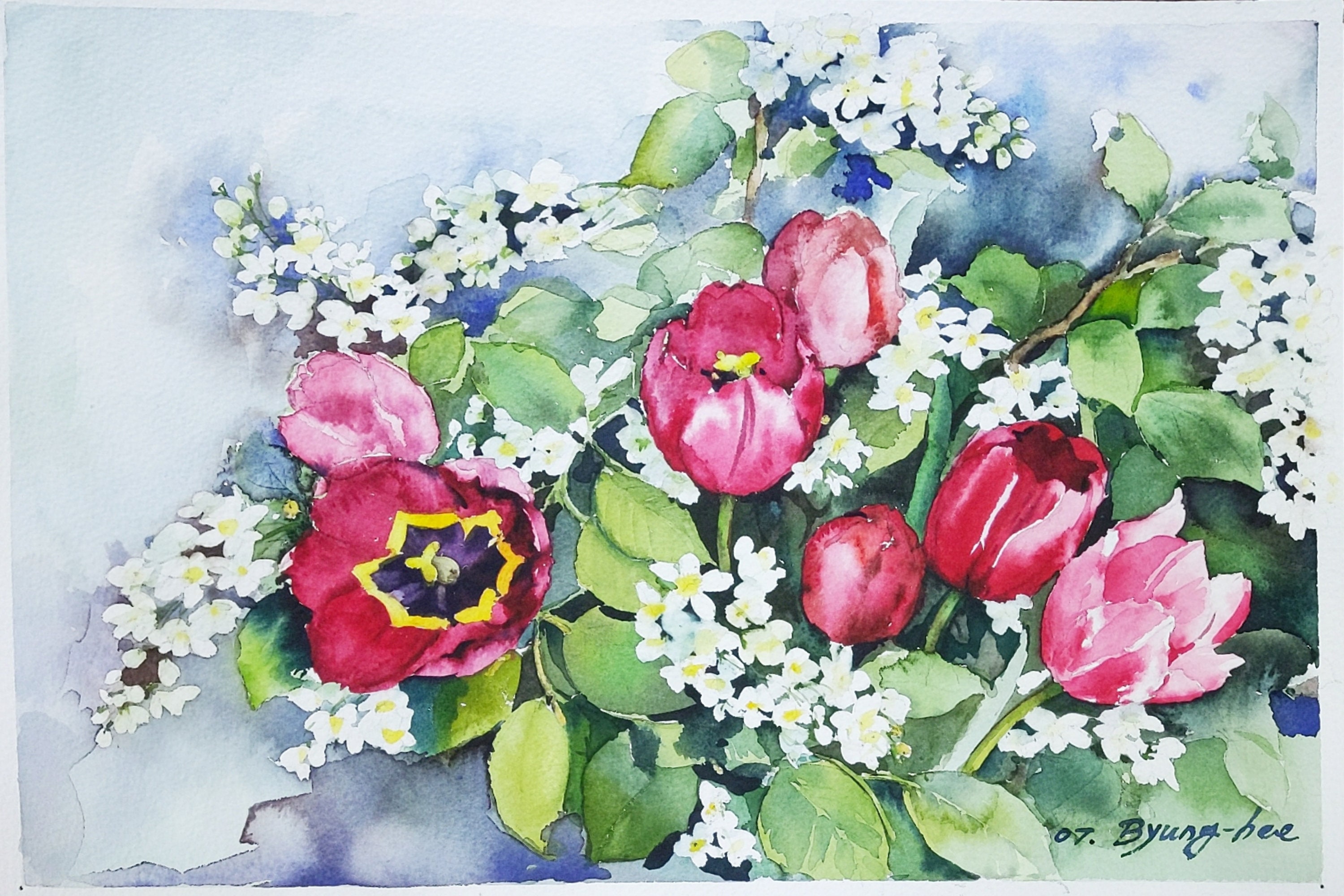 Tulip and Lilac, Original Watercolor Painting, Flower Art. Etsy