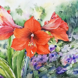Amaryllis, Original watercolor painting, Flower Art.
