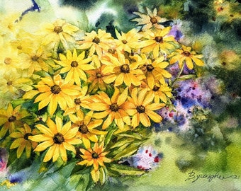 Rudbeckia, Aquarelle originale, Art floral.