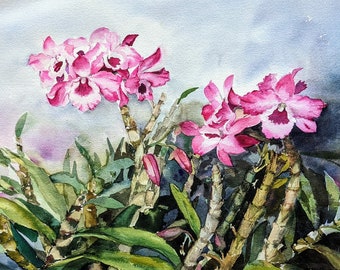 Orchids, Original watercolor painting, Flower Art.