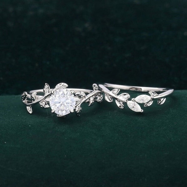 Vintage moissanite engagement ring set leaf and vine white gold ring set art deco bridal ring set nature inspired ring set anniversary gift