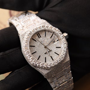 Fully Iced Out VVS Moissanite Diamond Automatic Movement Watch Burst Down Wristwatch, Handmade Wrist Watch, Stainless Steel Watch