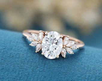 Vintage 6*8 MM Moissanite Cocktail Engagement Ring | Art Deco 14K Rose Gold Oval Moissanite Pretty Wedding Ring | Cluster Anniversary Ring