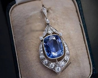 Circa 1930's Elongated Cushion Cut Sapphire Antique Vintage Pendant| Woman's Wedding Engagement Pendant |Milgrain Art Deco Victorian Pendant