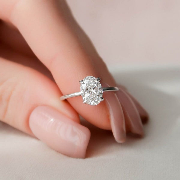 2Ct Oval Moissanite Engagement Ring 14K White Gold Wedding Ring Hidden Halo 9*7MM Moissanite Solitaire Ring Dainty Anniversary Diamond Ring