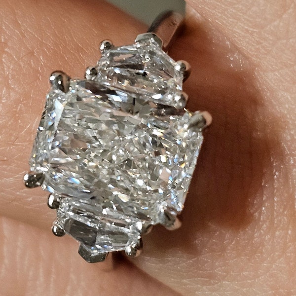 Unique 3 Stone Engagement Ring 14K Yellow Gold Radiant & Epaulette Moissanite Wedding Ring Vintage Art Deco 3 Stone Promise Ring For Women