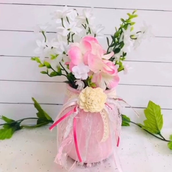 Shabby Chic Painted Spring Jar Vase Wedding Bridal Baby Shower Birthday Party Gift, Farmhouse Decor, Farmhouse Living Room Decor, Pink Jar