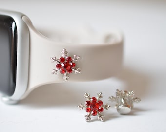 Snowflake Watch Band Charm, Jewelry Accessory Red Stone - 20% off when you buy any two charms at CharmsBeDazzle