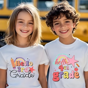 Back to School Elementary Kids T-shirts, Cute Pastel Rainbow White Tees for Kindergarten to 5th Grade, Ideal First Day of School Gift