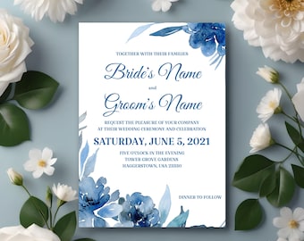 May include: A wedding invitation with blue watercolor floral accents and text. The invitation reads "Bride's Name and Groom's Name" with the date "Saturday, June 5, 2021". White flowers and greenery surround the invitation on a light blue background.