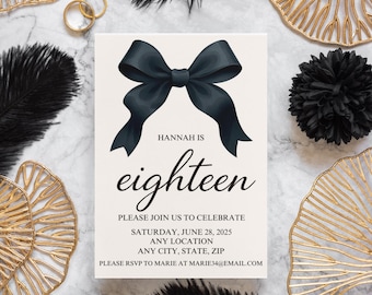 18th birthday invitation editable template, elegant black bow design, beige minimalist 5x7 printable invite for milestone party gift