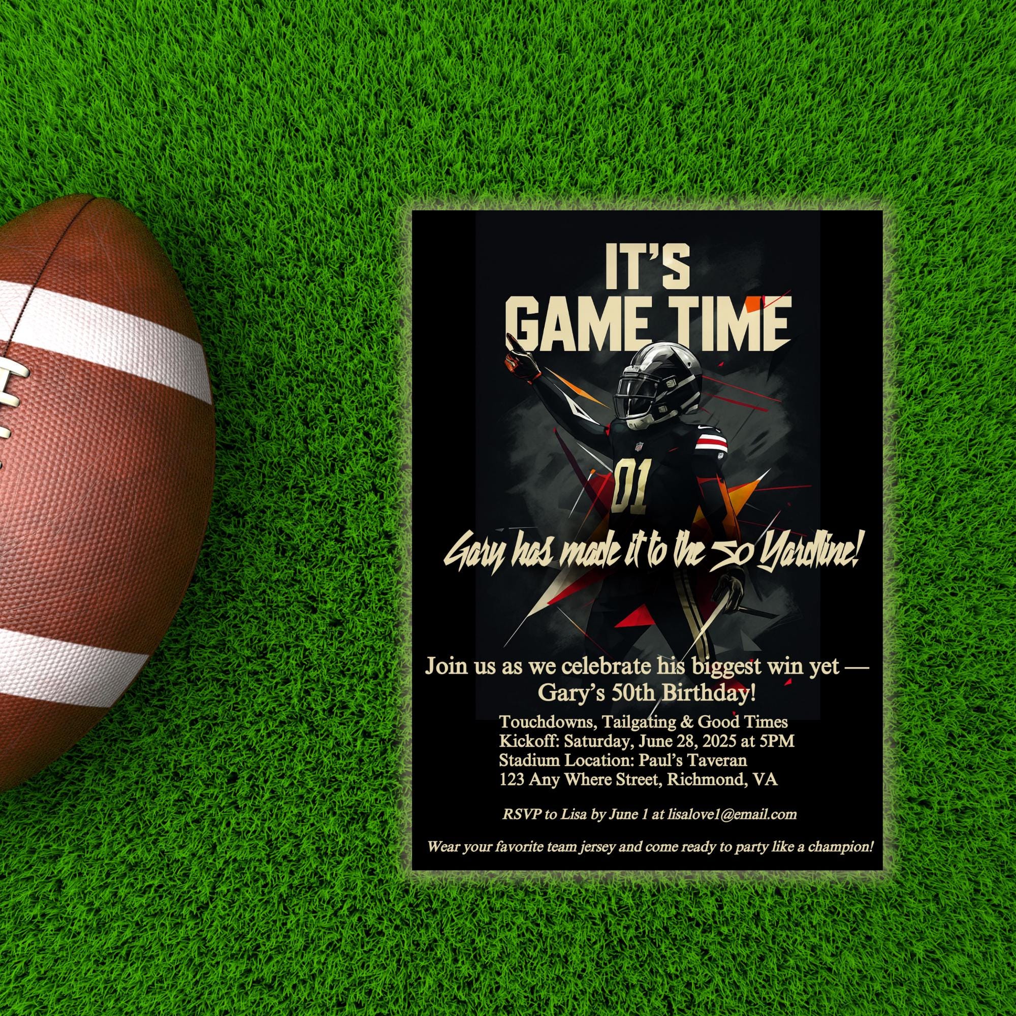 It’s Game Time 50th Birthday Invitation • Football Party Invite for Him • Black Cream Corjl Template • Editable 5x7 Digital Download