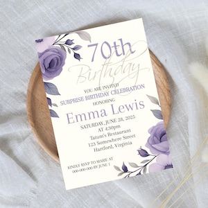 Editable 70th Birthday Invitation for Women | Purple Floral Birthday Party Invite | Printable Digital Template | Instant Download Corjl