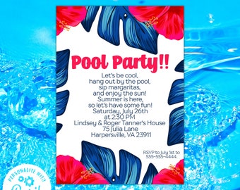 Summer Pool Party Printable Invitation Instant Download, Pool Party Birthday Invitation, Adult Pool Party Invitation, Pink and Navy Blue