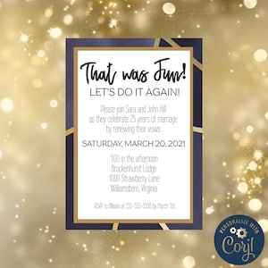 Navy & Gold Vow Renewal Invitation Template: Printable Anniversary Invite (5x7&quot; PDF Download)