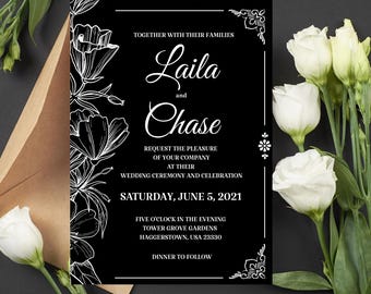 Elegant Black Wedding Invitation Template: Minimalist 5x7 (Digital Download)