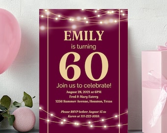 Birthday Invitation Burgundy Gold with String Lights, Surprise Milestone Party Invite for Her 30-90, Elegant Celebration Invitation