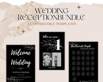 Elegant Black Wedding Signage Set: Photo Table Numbers, Seating Chart (Digital Download