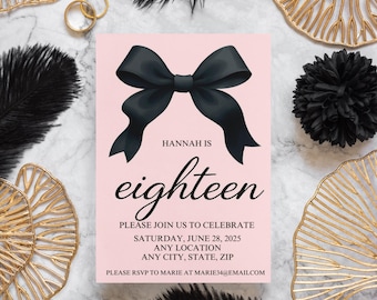18th Birthday Invitation, Pink with Black Coquette Bow, Birthday Invitation Template, Customized Printable
