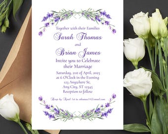 Plantilla de invitación de boda con flores moradas: Lavanda y violeta (descarga digital, 13 x 18 cm, edición Corjl)