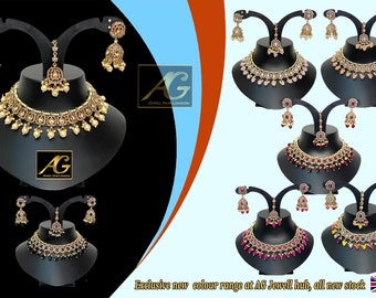 Conjunto de collar nupcial asiático aretes mang tikka, conjunto de joyas de estilo indio para fiesta de boda en gemas de piedra de cristal, pulido antiguo