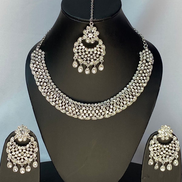 Asian party wear Necklace set in silver colour combination and gold white with earrings and tikka, Bollywood style jewellery set,