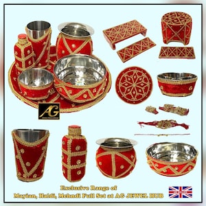 Indian Pakistani Maiyan, Haldi, Mendi, wedding accessories Decorative plates Bowl Garbi glass oil keep sitting stool  with ganne full set