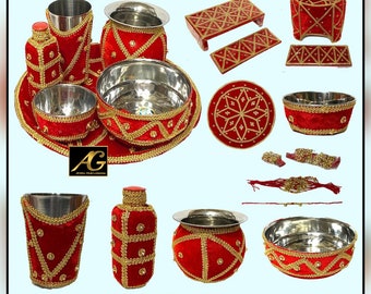 Indian Pakistani Maiyan, Haldi, Mendi, wedding accessories Decorative plates Bowl Garbi glass oil keep sitting stool  with ganne full set