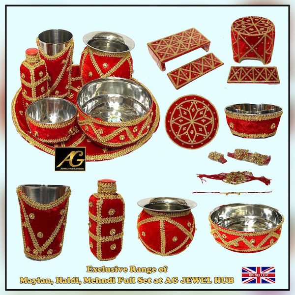 Indian Pakistani Maiyan, Haldi, Mendi, wedding accessories Decorative plates Bowl Garbi glass oil keep sitting stool  with ganne full set