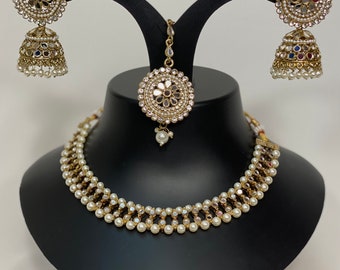 Asian bridal Necklace set earrings mang tikka, wedding party wear indian  style jewellery set in mirror WHITE stones gems