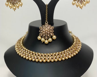 Conjunto de collar de novia asiático color ORO con aretes de botón mang tikka ropa de fiesta de boda joyería de estilo indio Joyería de Bollywood nupcial