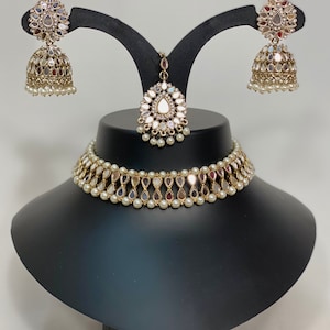 Mirror Stone Indian Bridal Jewelry Set: Necklace, Earrings, Tikka