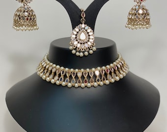 Mirror Stone Indian Bridal Jewelry Set: Necklace, Earrings, Tikka