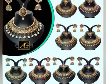 Conjunto de collar nupcial asiático aretes mang tikka, conjunto de joyas de estilo indio para fiesta de boda en gemas de piedra de cristal, pulido antiguo