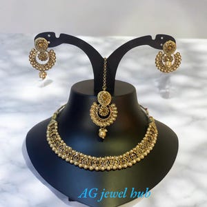 Indian Asian Necklace set earrings Mang tikka wedding party wear, Gold colour,  Pakistani Bollywood style jewellery set sleek design