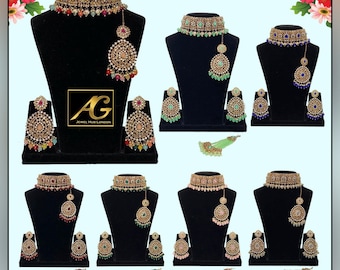 Conjunto de gargantilla de novia asiática 7 pendientes de diferentes colores mang tikka (Passa opcional) ropa de fiesta, conjunto de joyas de damas de honor indias y paquistaníes