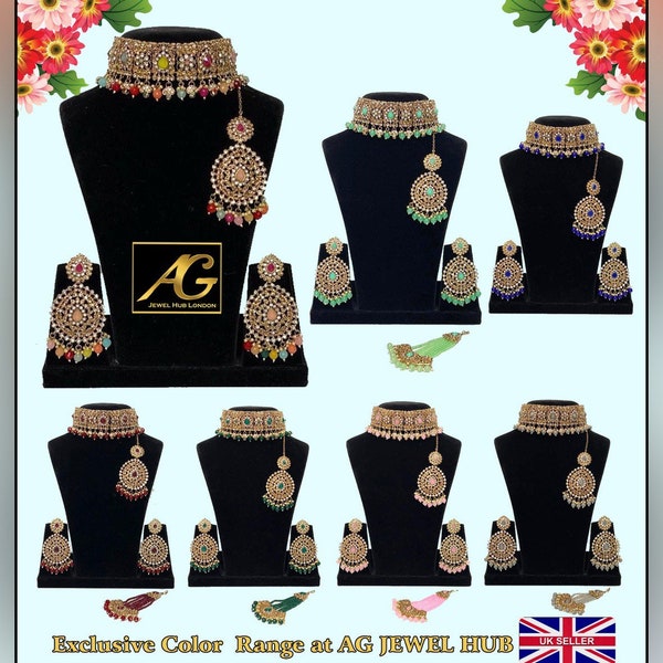 Asian bridal choker set 7 different colours  earrings mang tikka (Passa optional ) party wear, indian, Pakistani bridesmaids  jewellery set