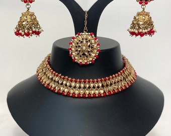 Conjunto de collar nupcial asiático Pendientes de zhumki de color ROJO mang tikka fiesta de bodas desgaste conjunto de joyas de estilo indio Conjunto de joyas de estilo Bollywood