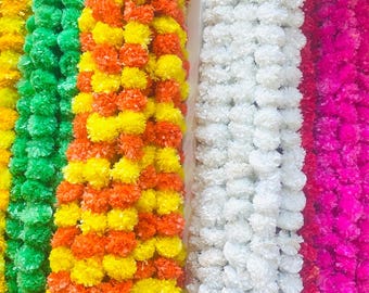 5 decorações de flores para casamento, cordas de flores, decoração pendurada, flores de calêndula, cor completa, guirlanda Devali, comprimento de 5 pés