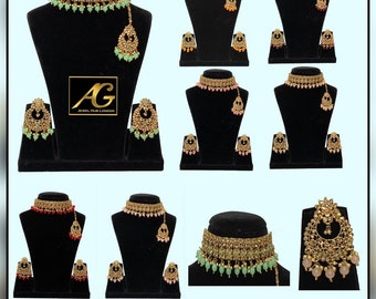 Indio asiático gargantilla collar conjunto pendientes mang tikka fiesta de boda desgaste diseñador paquistaní estilo Bollywood conjunto de joyas