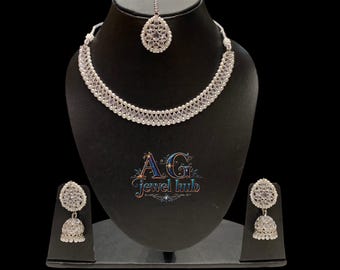 Asian Necklace set earrings tikka, Indian bridal SILVER  colour with zhumki, party wear Bollywood style jewellery set Indian Pakistani style
