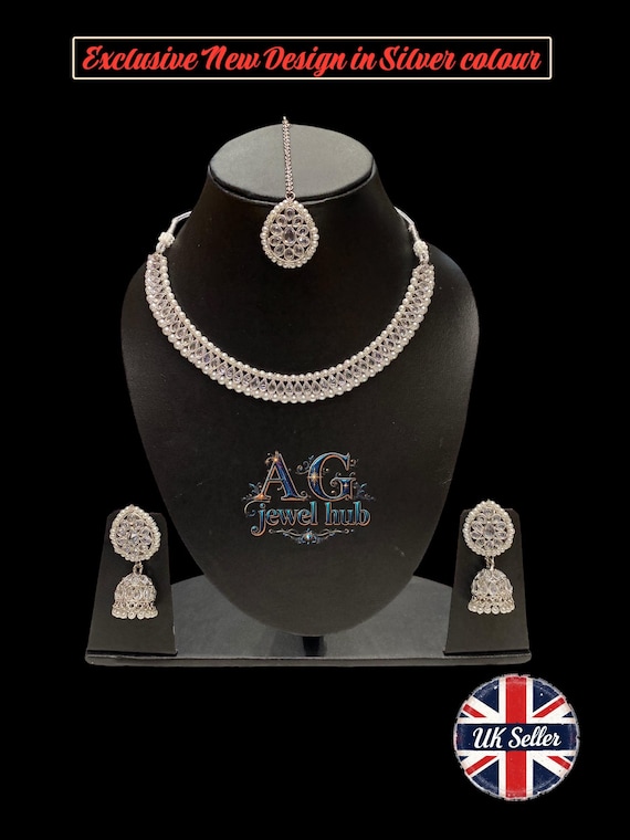 Asian Necklace set earrings tikka, Indian bridal SILVER  colour with zhumki, party wear Bollywood style jewellery set Indian Pakistani style